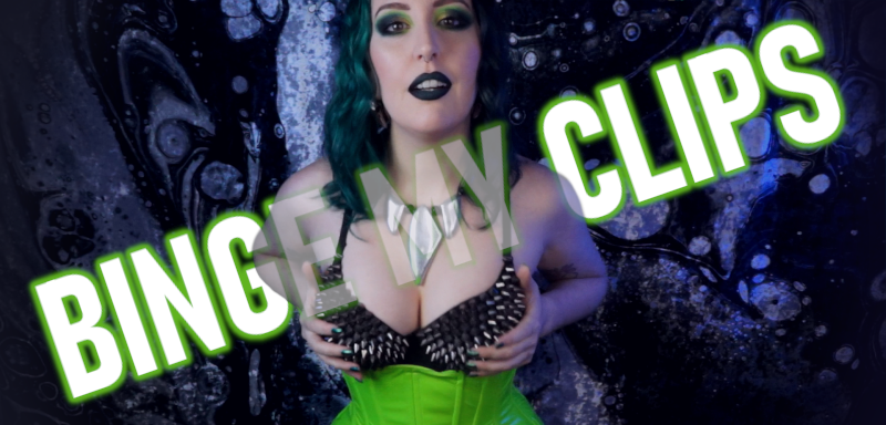Femdom Findom Goddess Miss Faith Rae stares into your soul, posing in a spiked push-up bra and neon green PVC underbust corset. Her eyeshadow is black and lime, and she is wearing black lipstick. Her hands cup her tits in her spiky bra. Text overlay says, BINGE MY CLIPS. Click this image to go to Miss Faith Rae’s Goody Bag page.