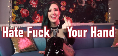 Femdom Findom Goddess Miss Faith Rae sits in shiny thigh high PVC boots, giving you the middle finger while she laughs in your face about how pathetic you are. You’re nothing but a hand humping loser. Image is from her beta hand humper loser humiliation clip, HATE FUCK YOUR HAND. Title text is overlaid on image. Click here for MP4 Goody Bag HATE FUCK YOUR HAND.