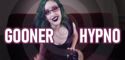 Pale Goth Femdom Findom Goddess Miss Faith Rae sits on her couch, smiling at you. She wears black lipstick, a black wetlook bodysuit, and shiny black thigh high PVC boots. A transparent hypnotic spiral covers the image. Click this image to go to her Femdom Gooner Hypno phone sex listing